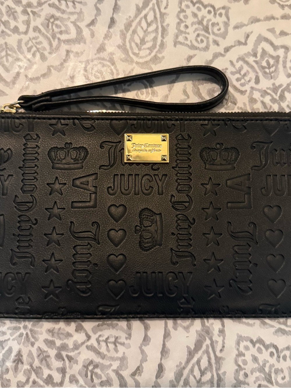 Juicy Couture Black Embossed Logo Wristlet with Gold Plaque